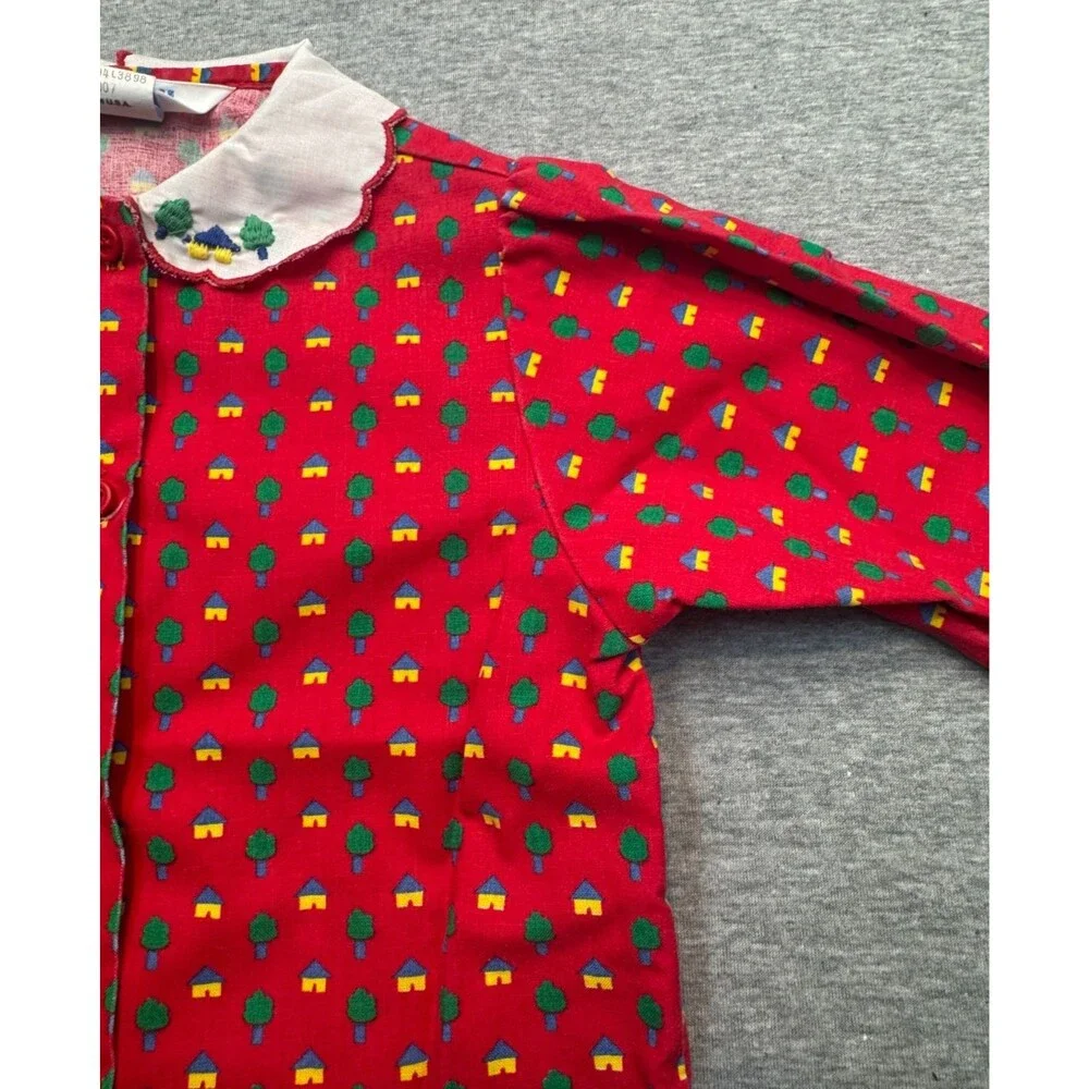 Vintage 80s OshKosh B’Gosh Girls Size 5 Red House Tree Print Blouse USA